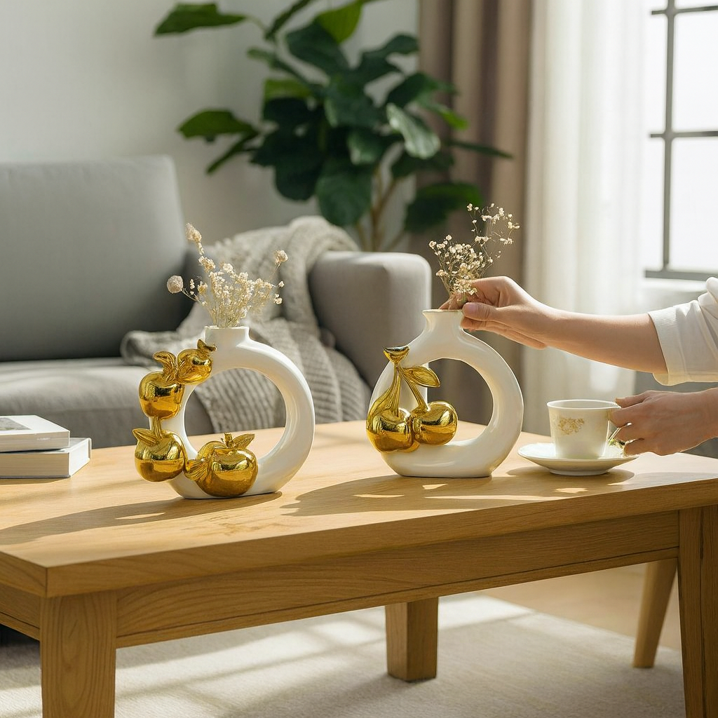 Ensemble de Vases Décoratifs Blanc & Doré – Motif Fruits (2 Pièces)