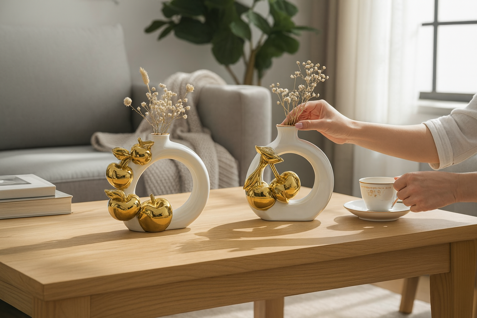 Lot de 2 Vases Décoratifs Blanc & Doré – Motifs Fruits Luxe