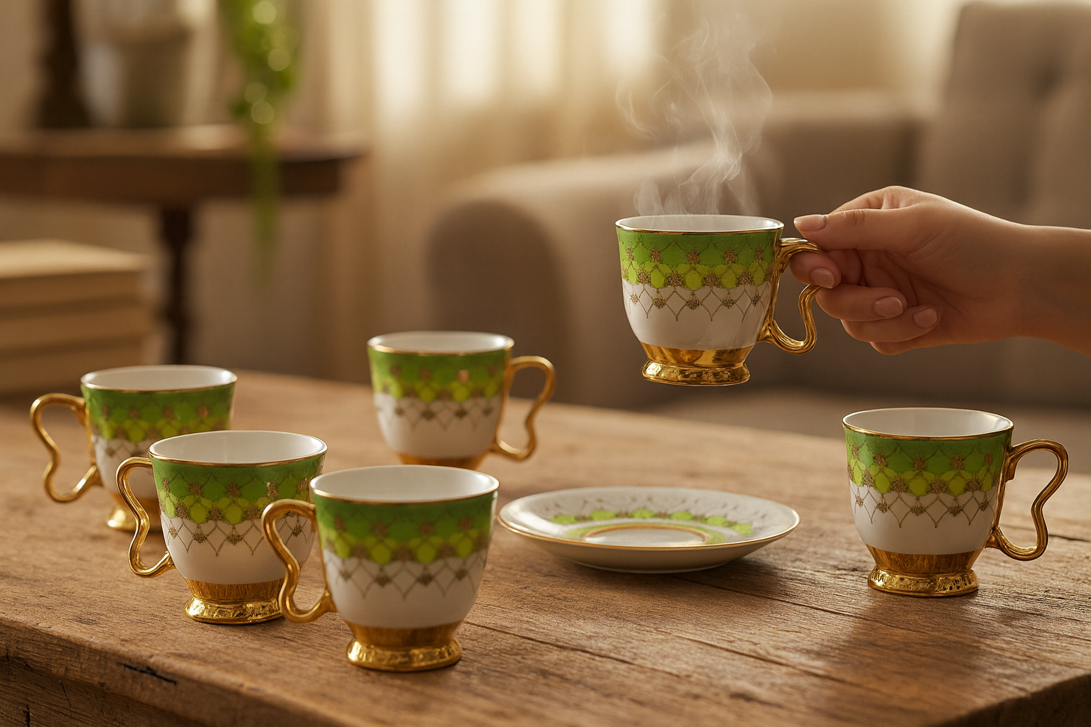 Service à Café/Thé Vert & Doré – 6 Tasses + 6 Sous-tasses