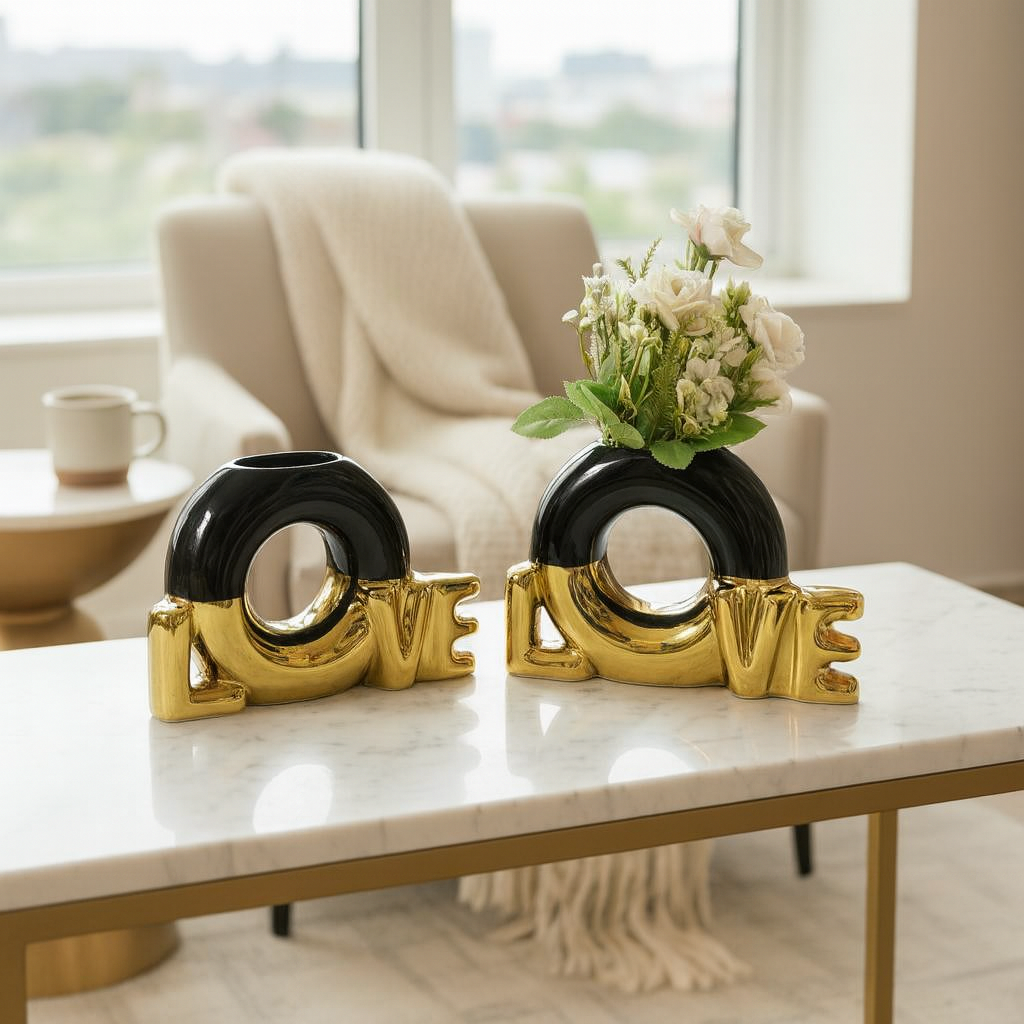 Lot de 2 Vases Décoratifs “LOVE” Noir & Doré