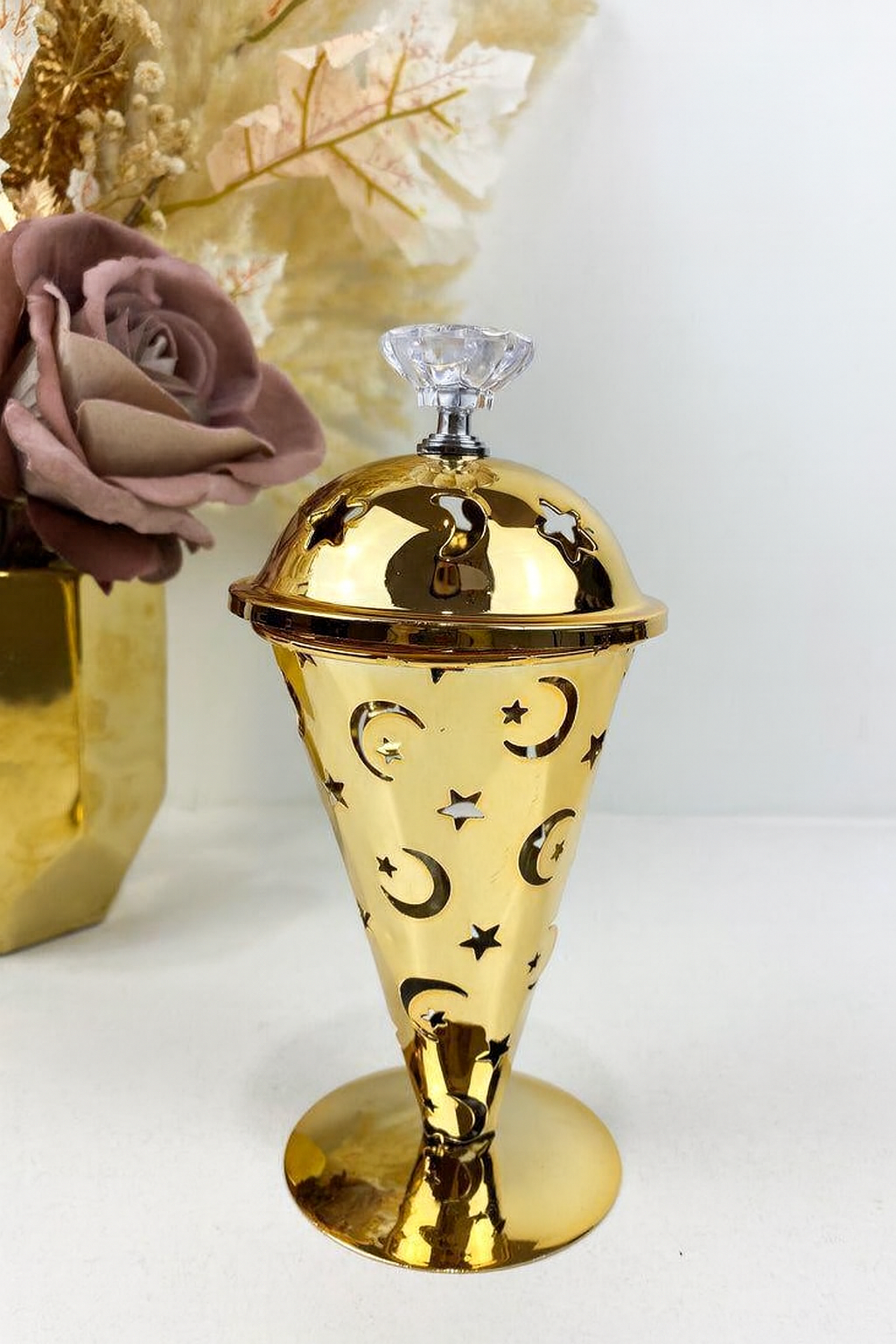 Brûleur d’Encens Doré Lune & Étoiles – Modèle Élancé