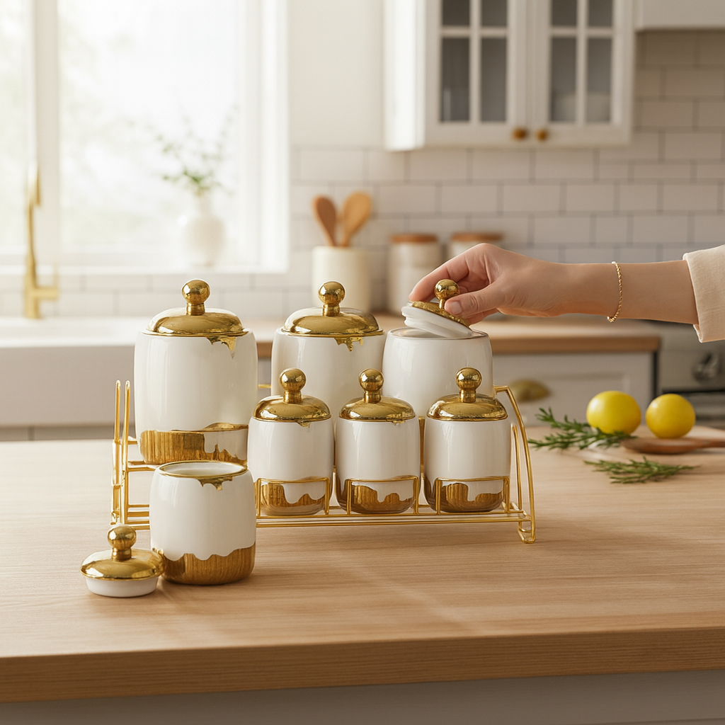 Ensemble Pots de Cuisine Blanc & Doré avec Support – Style Luxe