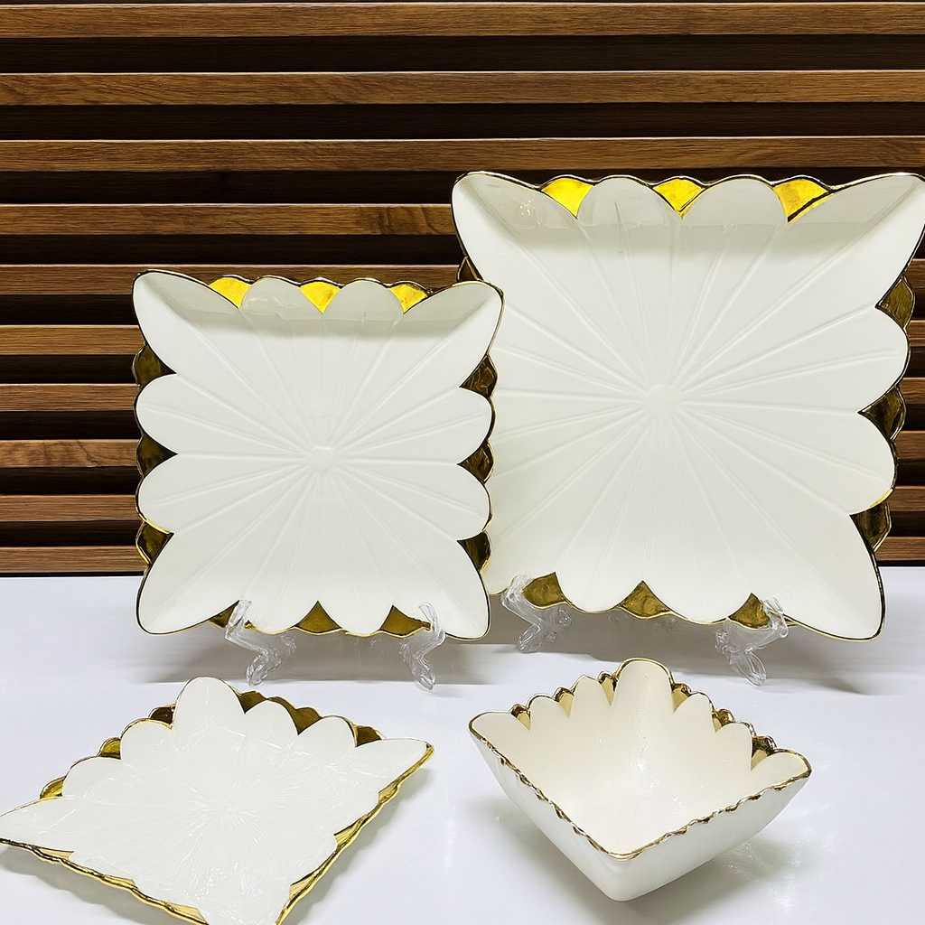 Ensemble Vaisselle Décorative Blanc & Doré – Motif Fleur