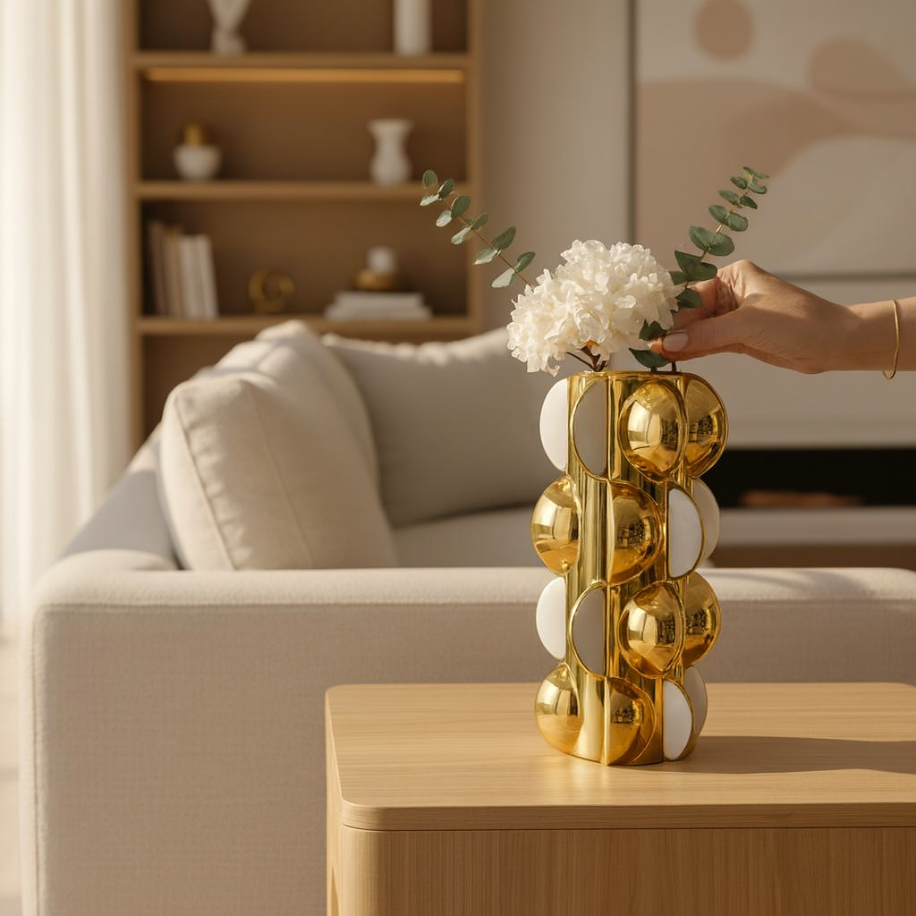 Vase Décoratif Géométrique Doré & Blanc