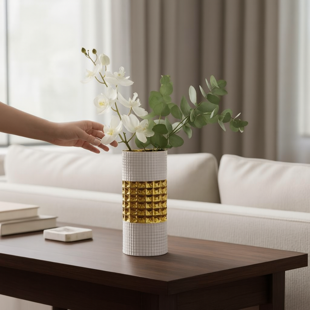 Vase Cylindrique Blanc & Doré Texturé