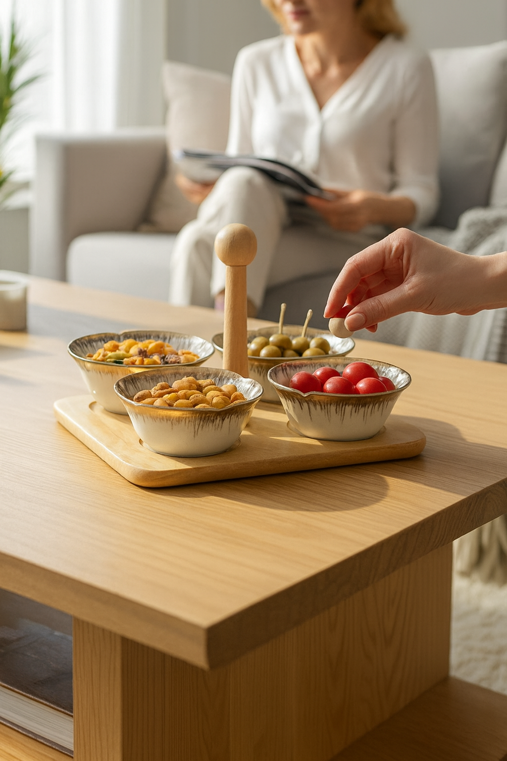 Plateau Apéritif en Bois avec 4 Bols Céramique