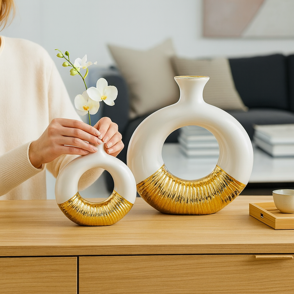 Ensemble de Vases Céramique Blanc & Doré (2 Pièces)